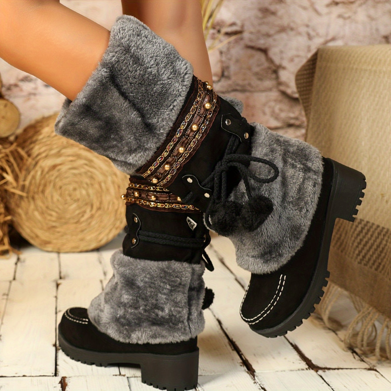 Bottes Femme Mi-Mollet Chaudes Style Ethnique Marron avec Fourrure et Pompons