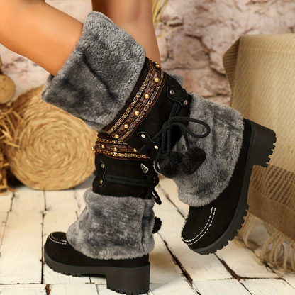 Bottes Femme Mi-Mollet Chaudes Style Ethnique Marron avec Fourrure et Pompons