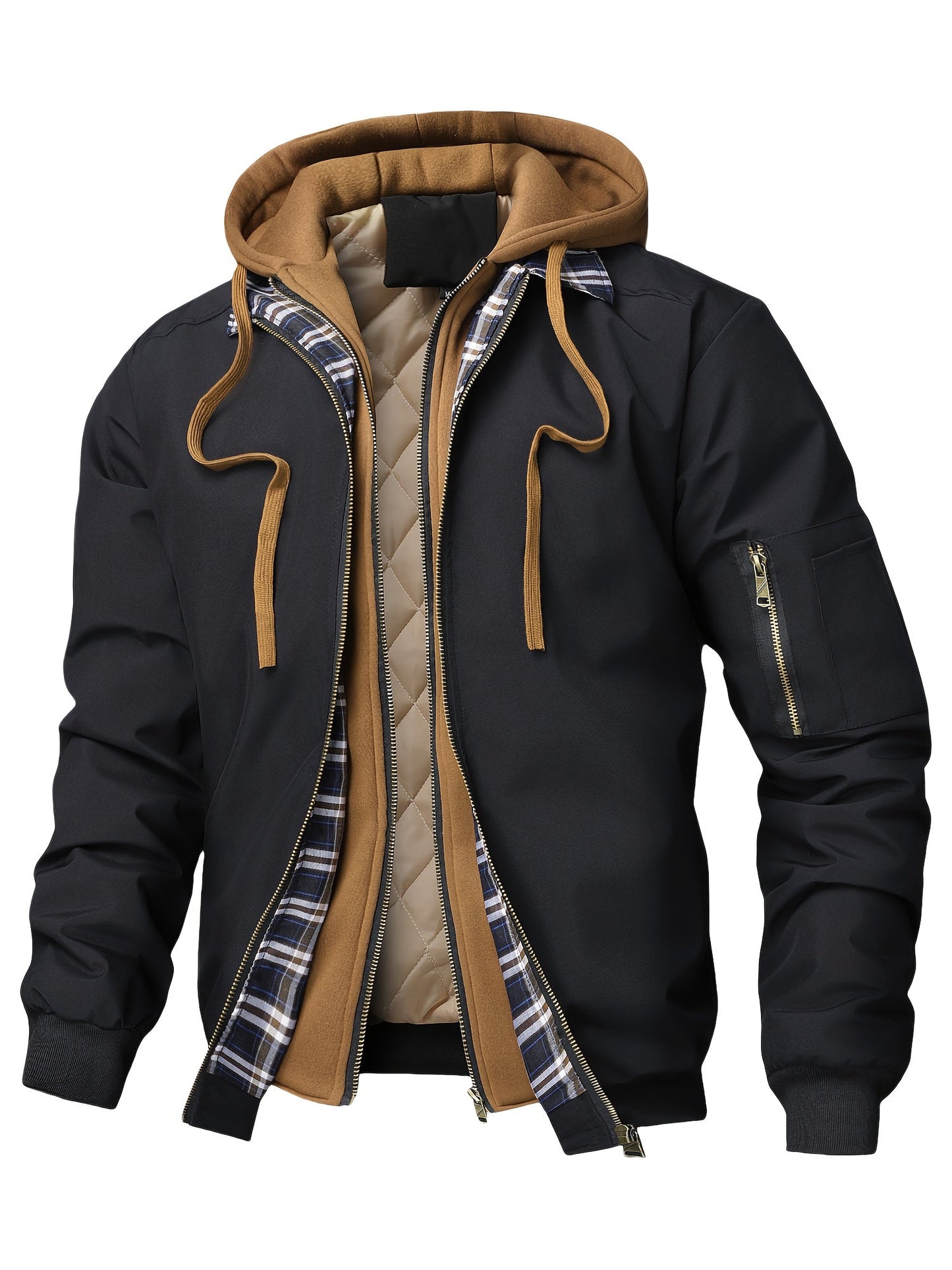 Veste homme style bombardier avec capuche et doublure matelassée amovible, beige