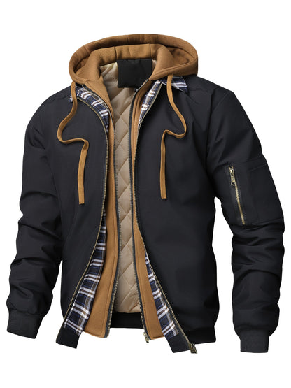 Veste homme style bombardier avec capuche et doublure matelassée amovible, beige