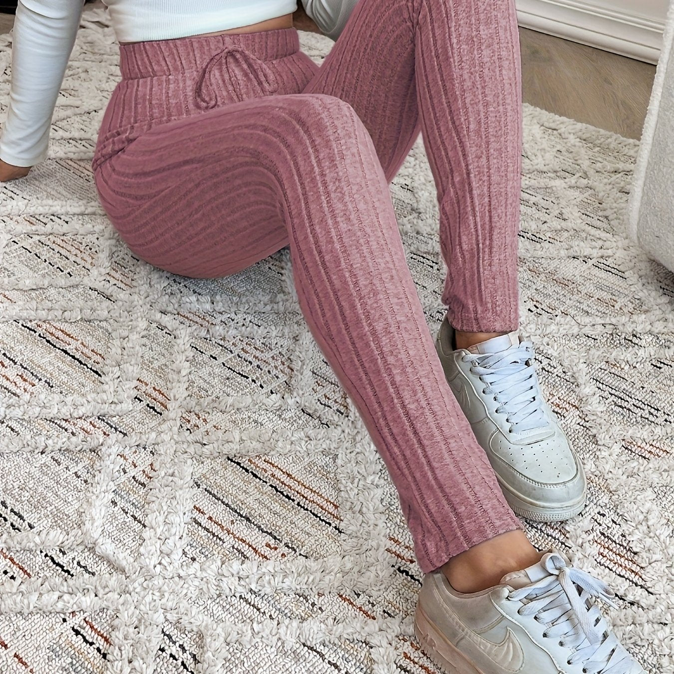Legging Femme Côtelé Taille Haute Ajustable Confortable Marron Chiné