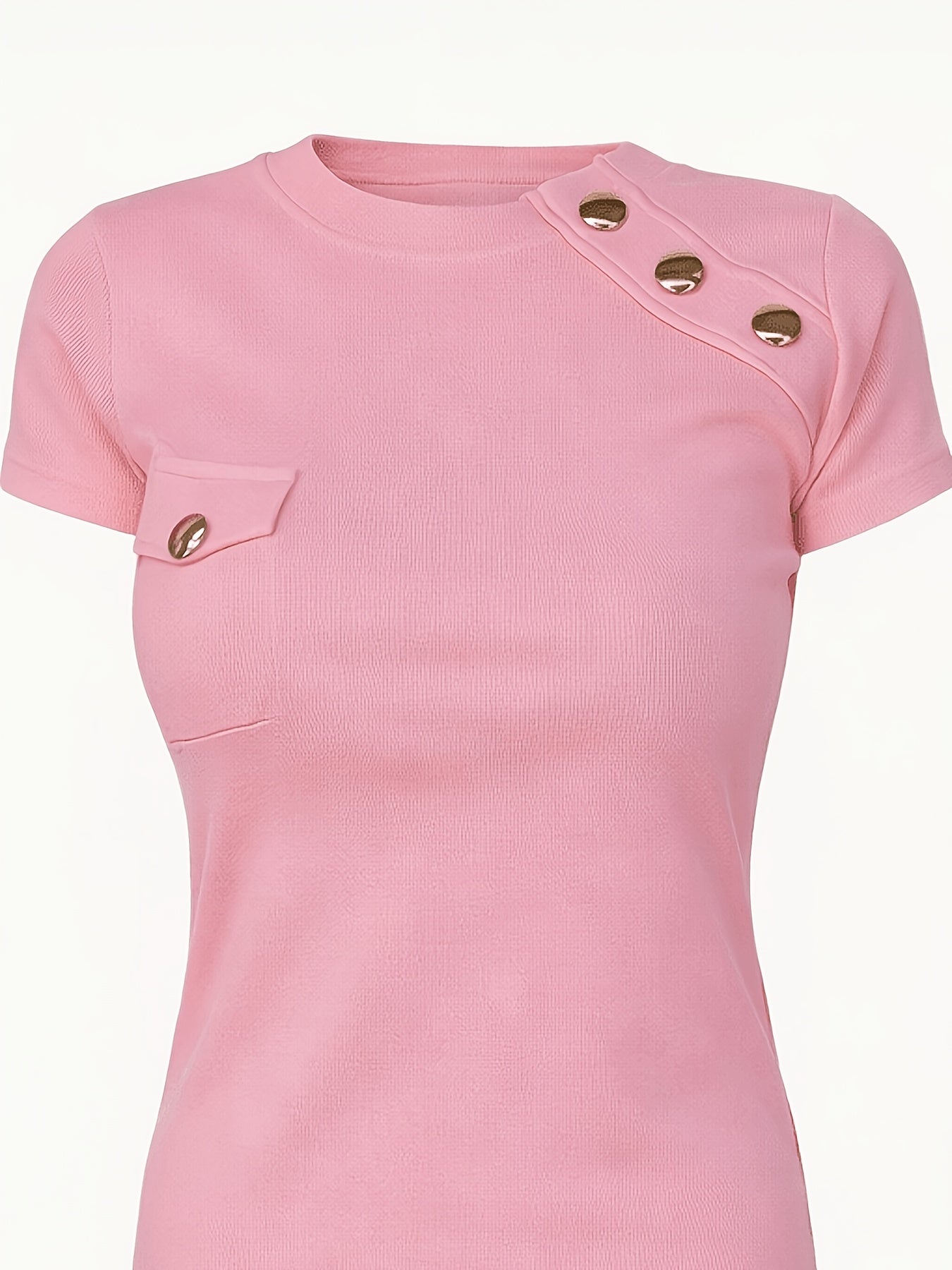 Damen T-Shirt mit kurzen Ärmeln und dekorativen Knöpfen, moderner schicker Stil