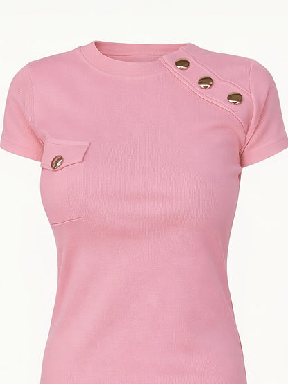 Damen T-Shirt mit kurzen Ärmeln und dekorativen Knöpfen, moderner schicker Stil