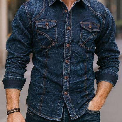 Chemise Homme Effet Délavé Bleu Foncé Manches Longues Boutons Marron