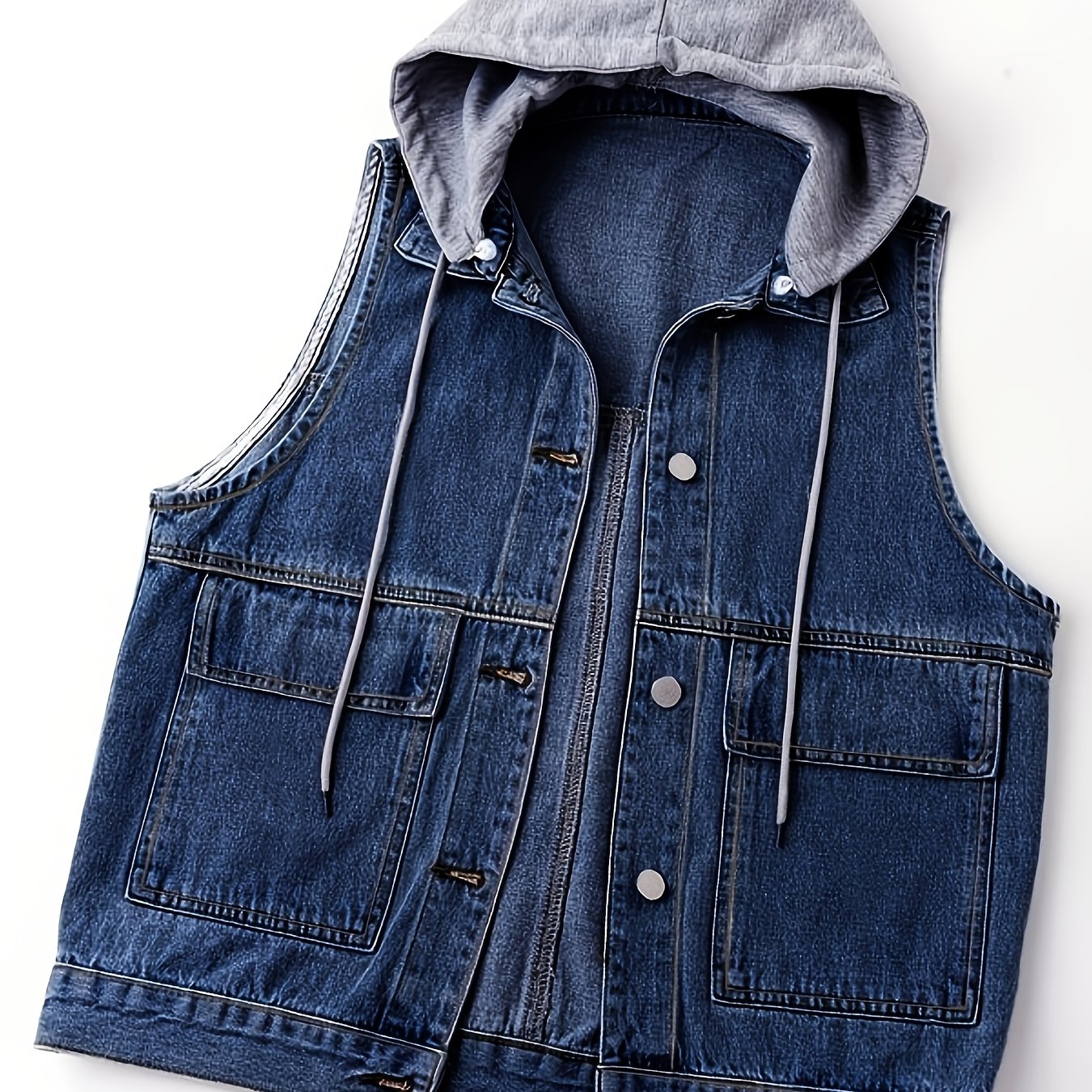 Gilet en jean sans manches avec capuche grise amovible pour femme