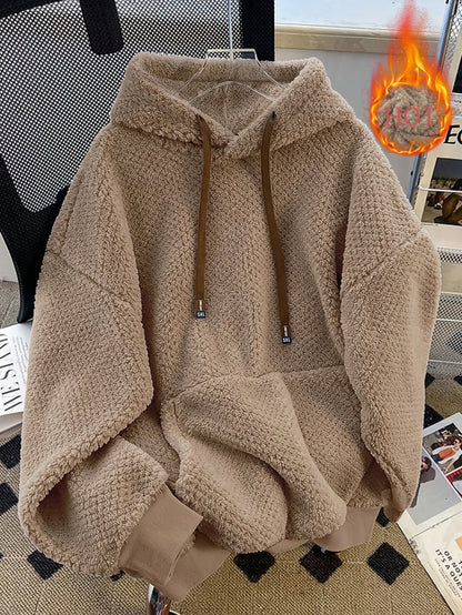 Sweat à Capuche Doux Effet Peluche Vert Militaire avec Cordon Contrastant