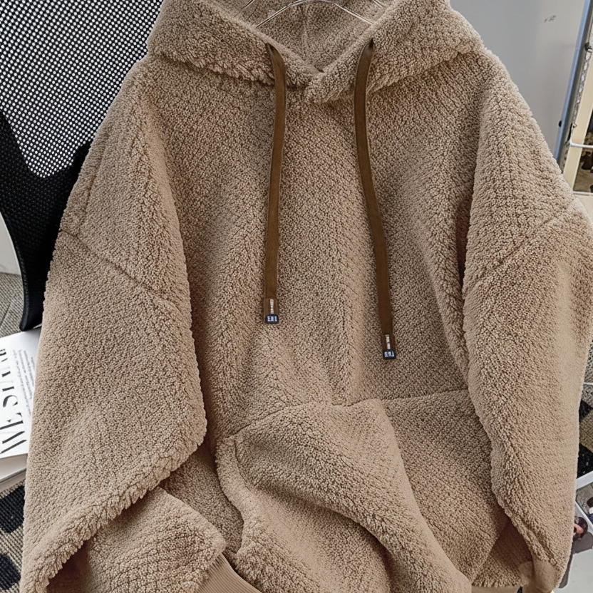Sweat à Capuche Doux Effet Peluche Vert Militaire avec Cordon Contrastant