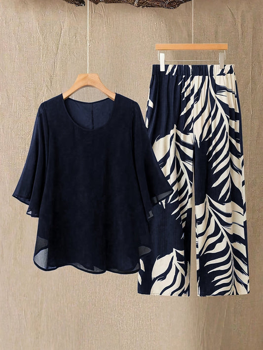 Ensemble Femme Élégant Décontracté Deux Pièces – Haut Fluide et Pantalon Imprimé Feuilles, Style Vacances Chic
