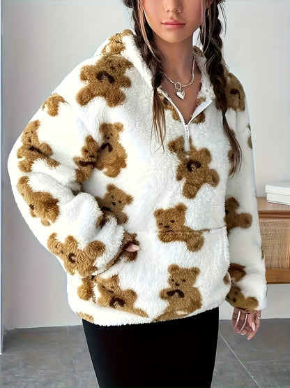 Sweat à Capuche Femme Doux Motif Ours Teddy Blanc et Marron
