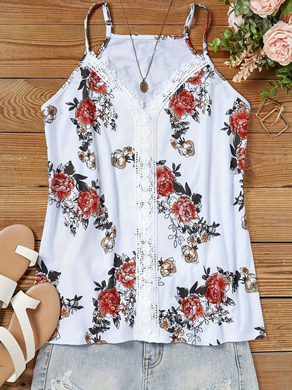 Top donna stile sexy con spalline sottili, motivo floreale e pizzo – ideale per l’estate e i momenti casual