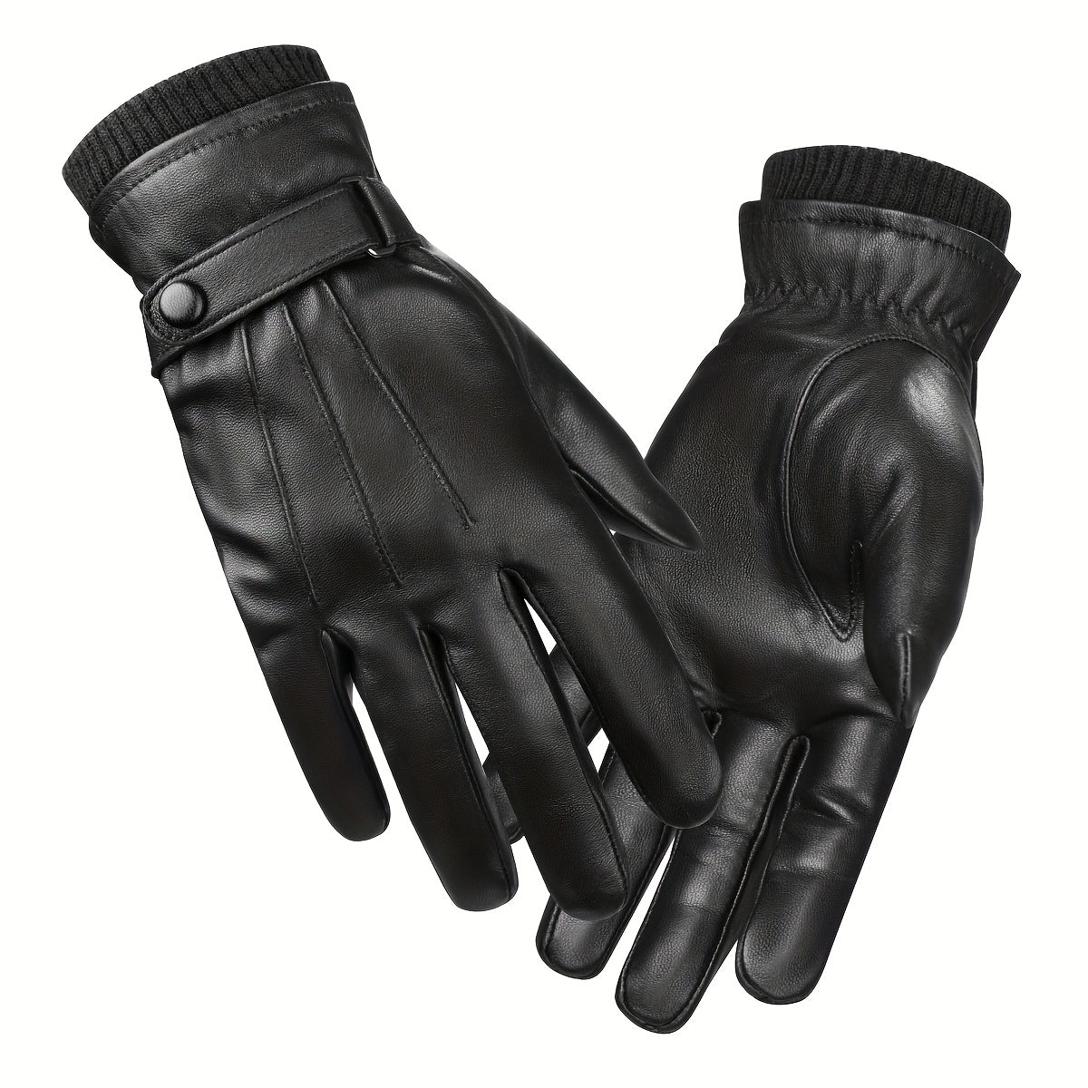 Gants noirs à manchette côtelée et sangle ajustable