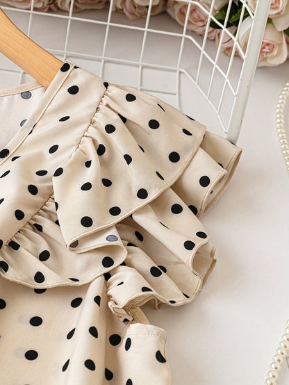 Women's polka dot blouse with elegant style, ruffled sleeves, V-neck for office and outings