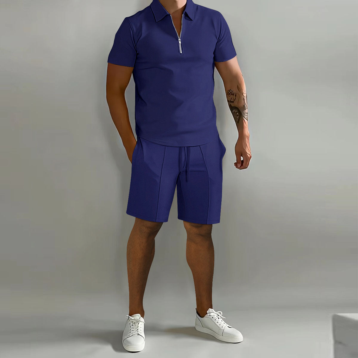 Ensemble décontracté pour homme à manches courtes avec fermeture éclair, idéal pour l'été, style moderne et confortable