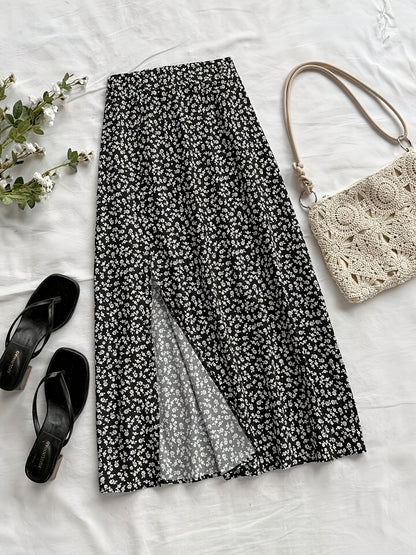 Women's mid-length bohemian style floral slit skirt – Casual elegance for summer