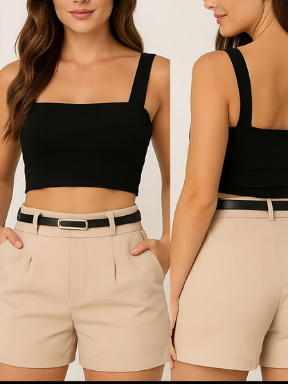 Ensemble élégant pour femme – Top court à bretelles larges et short taille haute avec ceinture – Tenue chic estivale
