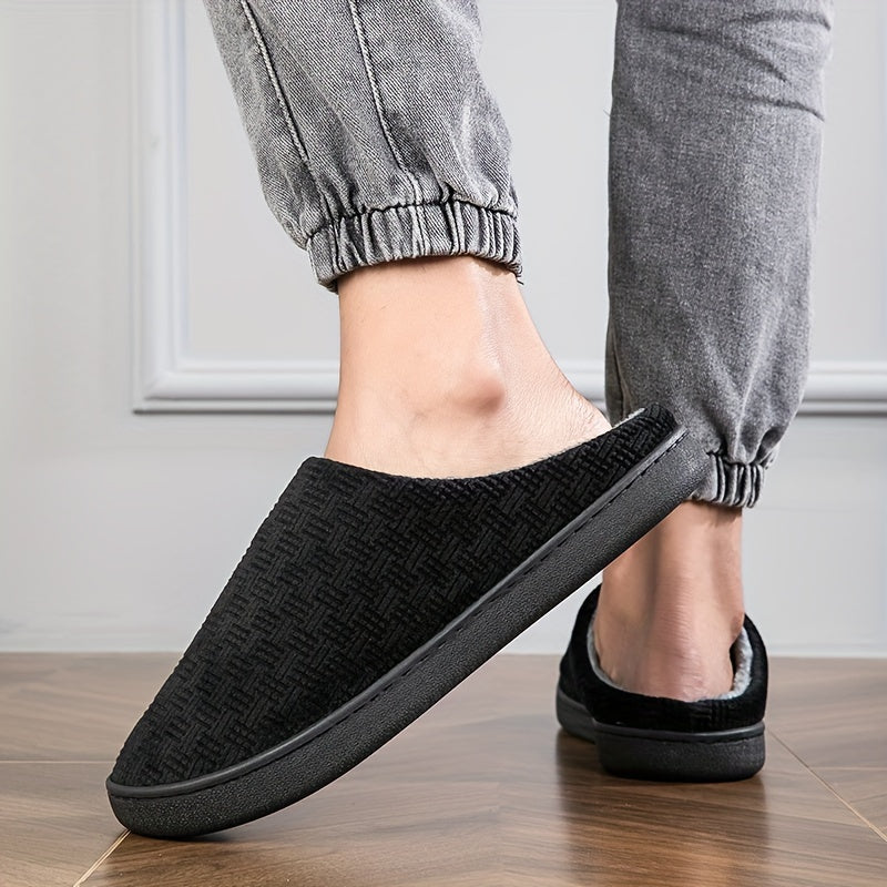 Pantoufles d'intérieur homme noires doublées, motif texturé discret, confortables et chaudes