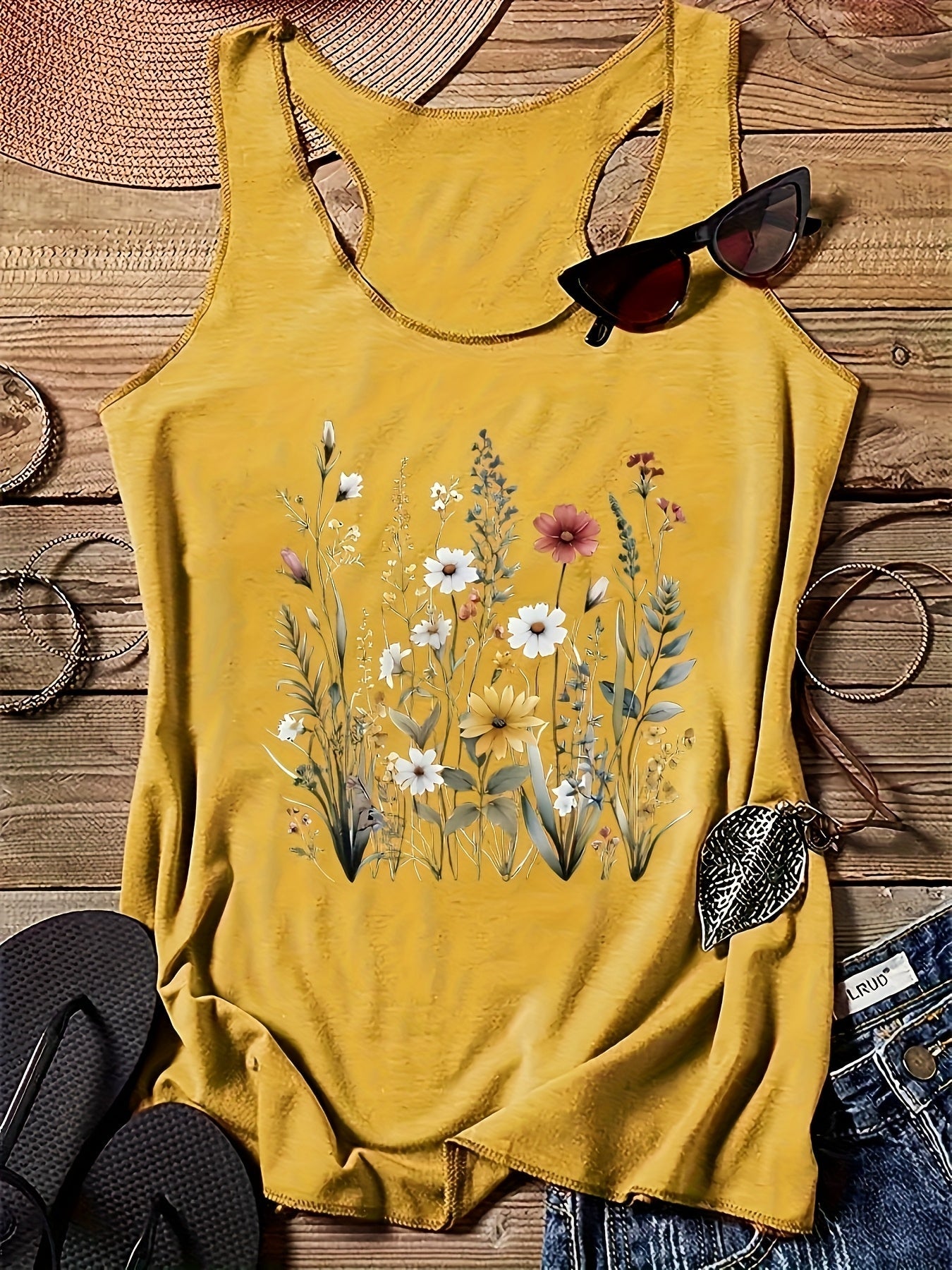 Camiseta sin mangas para mujer estilo bohemio con estampado floral campestre para el verano - Casual chic