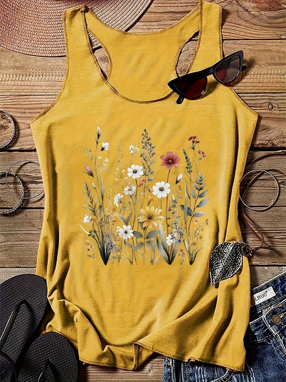 Camiseta sin mangas para mujer estilo bohemio con estampado floral campestre para el verano - Casual chic