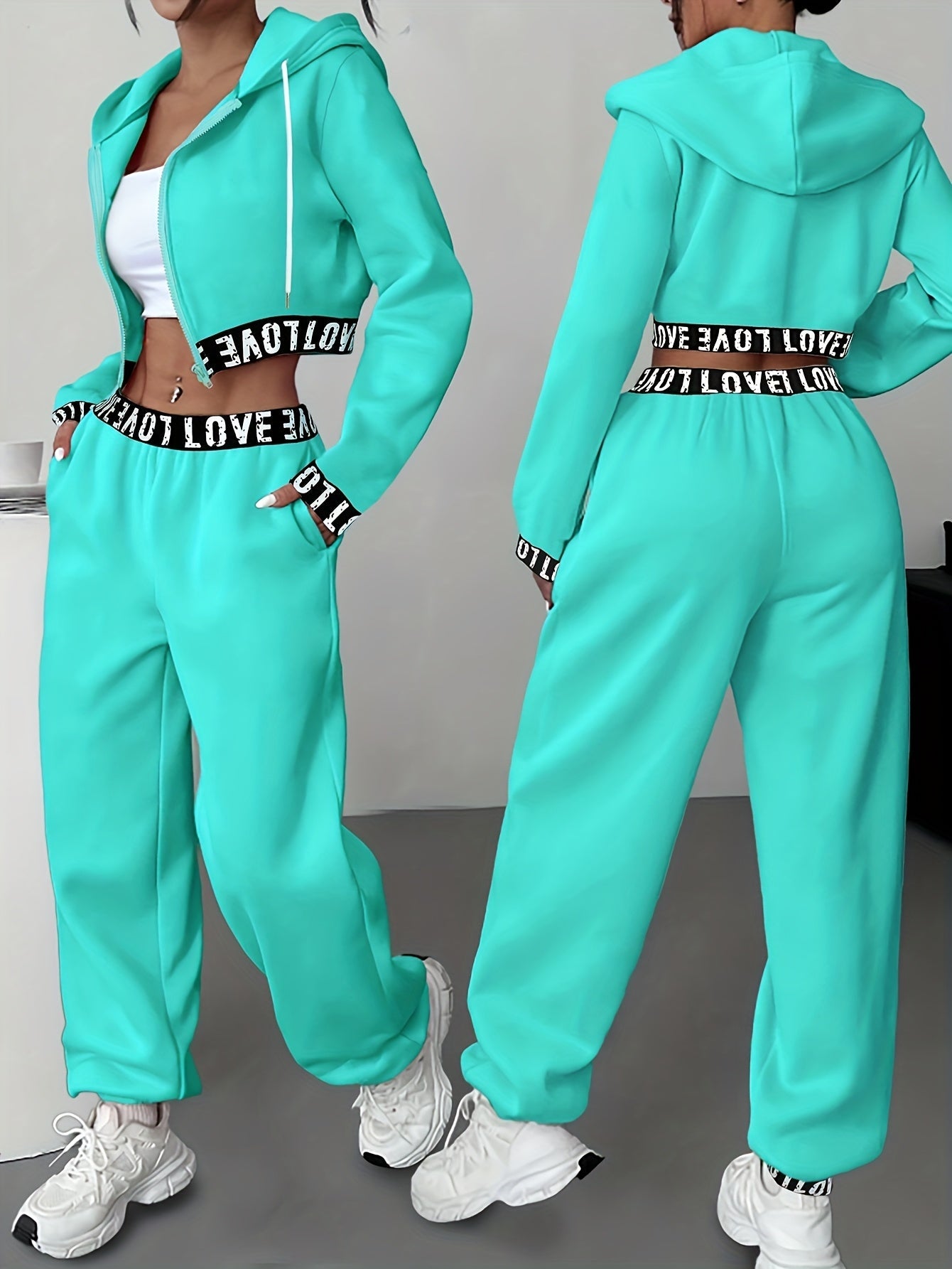 Ensemble survêtement femme crop top à capuche et pantalon large couleur unie