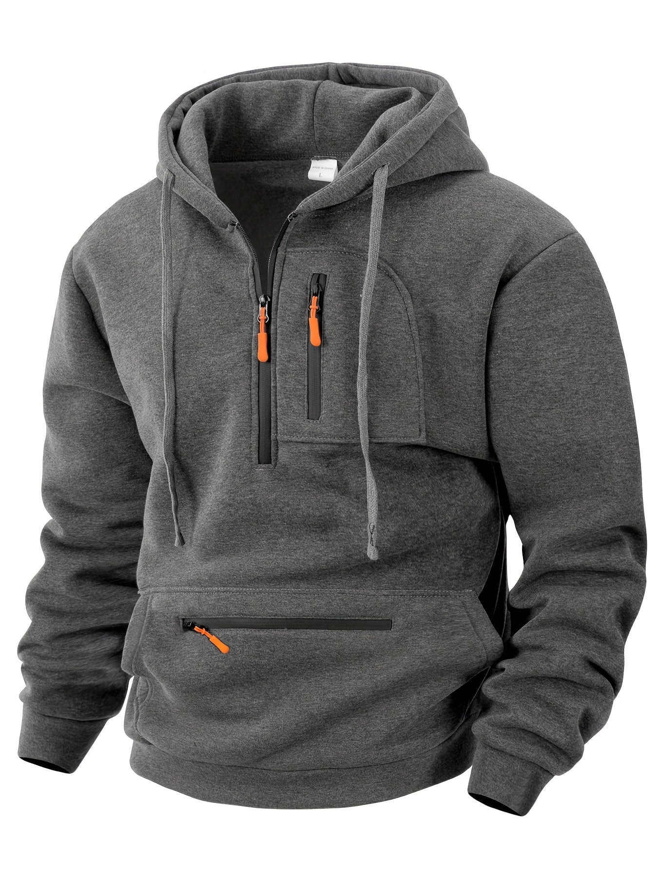 Sweat à Capuche Homme Mi-Zip avec Poches Zippées Devant Kaki