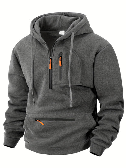 Sweat à Capuche Homme Mi-Zip avec Poches Zippées Devant Kaki