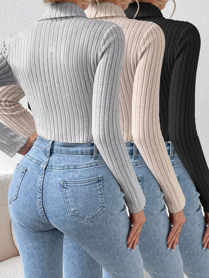 Body côtelé col roulé manches longues femme uni diverses couleurs