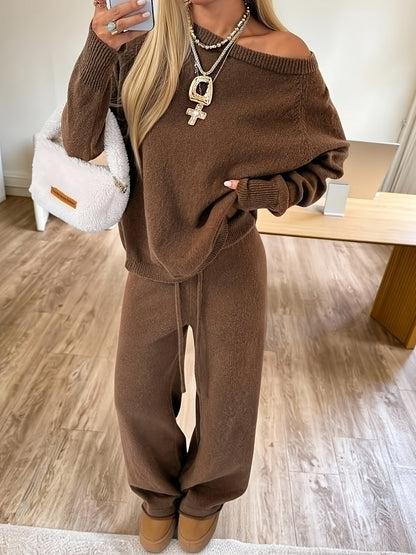 Ensemble Femme Pull et Pantalon Large Marron Tricot Décontracté Manches Longues Col Rond