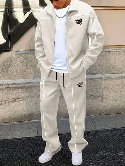 Ensemble de Survetement Homme Zip Complet à Rayures Contrastantes et Emblème Brodé