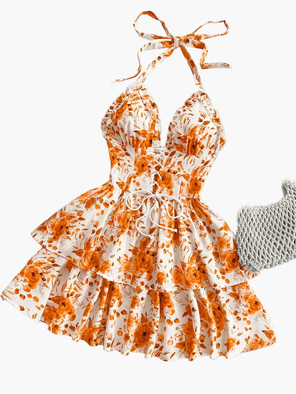 Sommerkjole til kvinder i boheme-stil med flæser, halterneck, blomsterprint, ideel til aftener og fester