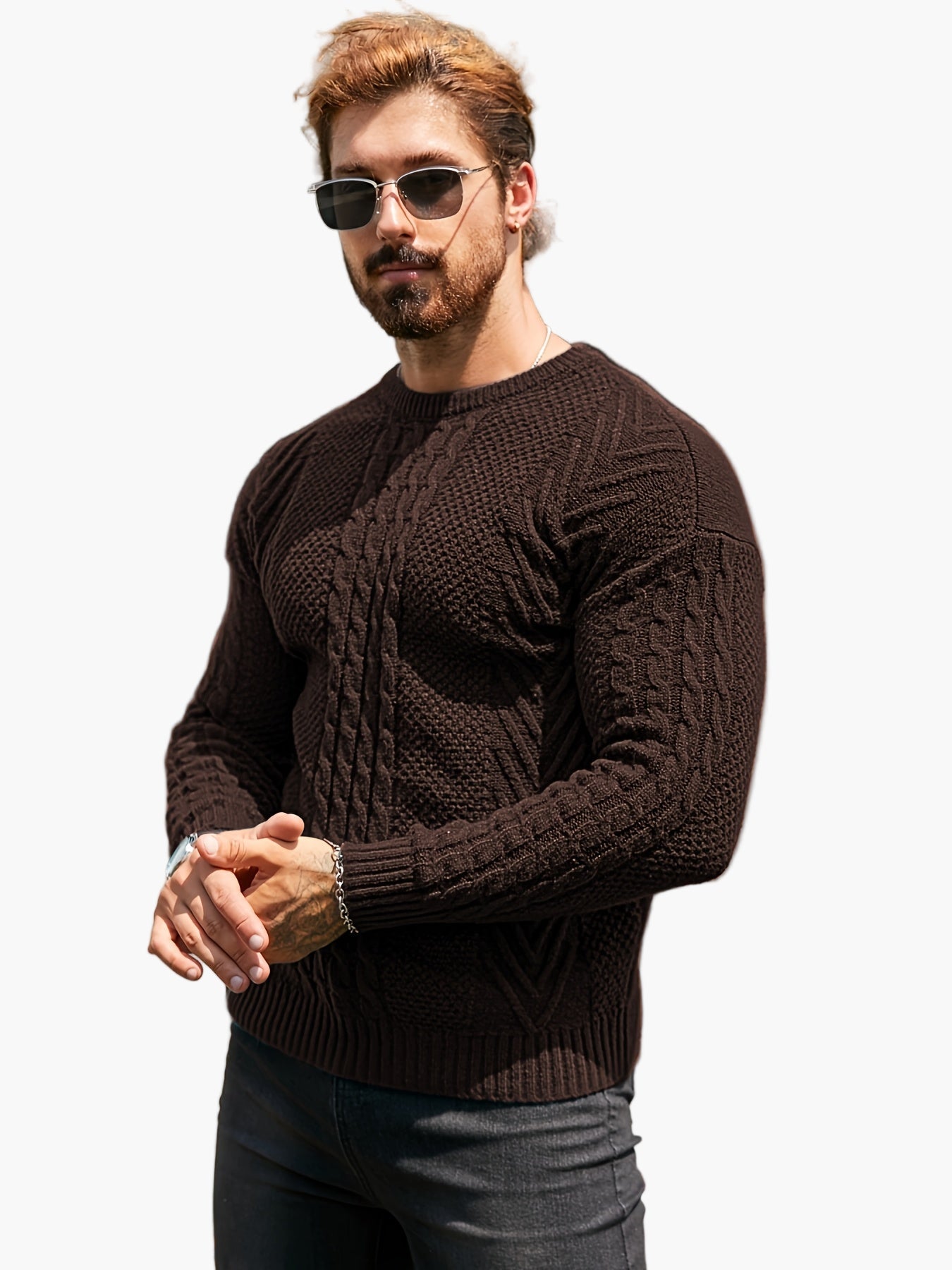Jersey de punto trenzado para hombre estilo urbano casual – Mangas largas, elegante otoño/invierno