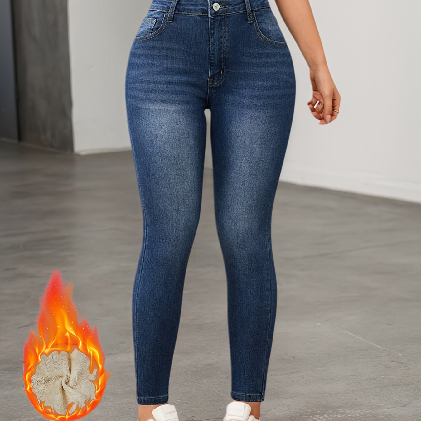 Jean Slim Femme Bleu avec Doublure Chaude Beige