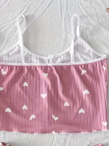Pyjama d'été femme deux pièces style mignon à cœurs, ensemble débardeur et short, confortable pour la nuit