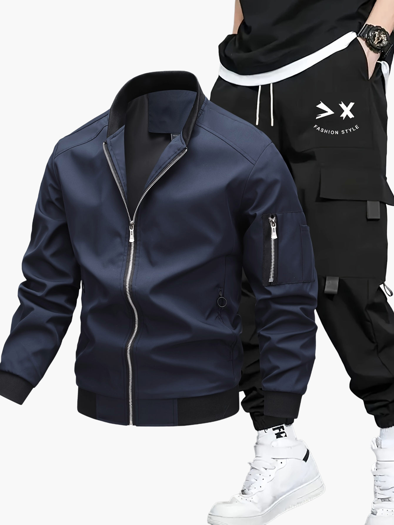 Ensemble décontracté pour homme, style urbain, veste bomber et pantalon cargo, idéal pour le printemps et l’automne