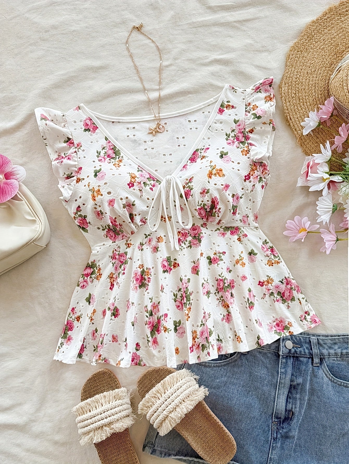 Women's Cottage Style Peplum Blouse with Floral Print and English Embroidery – Romantic, Ruffled Sleeves, Tied Neckline