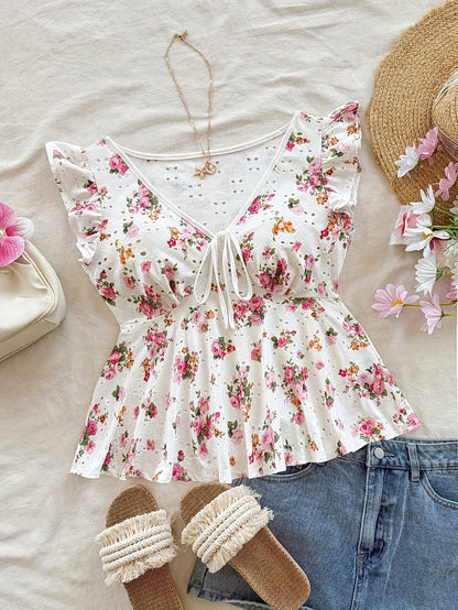 Women's Cottage Style Peplum Blouse with Floral Print and English Embroidery – Romantic, Ruffled Sleeves, Tied Neckline