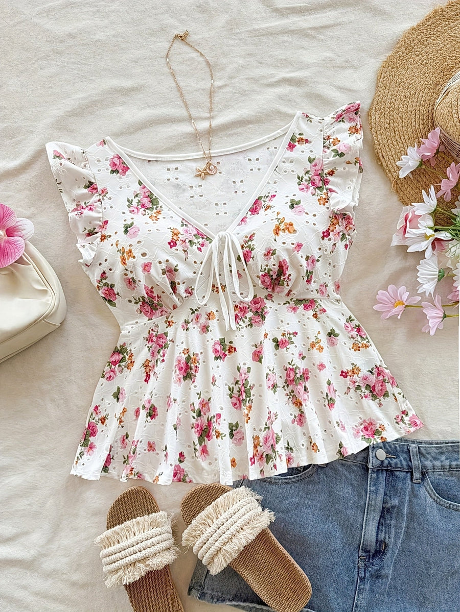 Blouse Femme Style Cottage Peplum à Imprimé Fleuri et Broderie Anglaise – Romantique, Manches Volants, Décolleté Noué