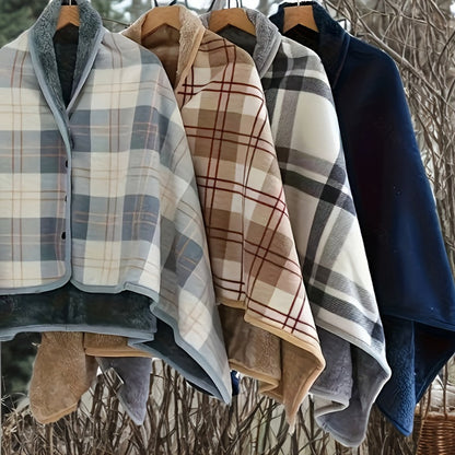 Women's Plaid Snap Button Fleece Lined Poncho Cape
