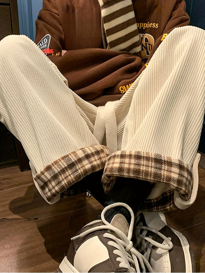 Pantalon large velours côtelé marron coupe décontractée carreaux revers