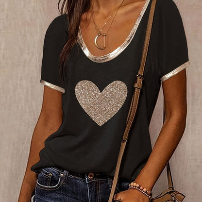 T-shirt décontracté femme à motif cœur brillant et détails métalliques – Style tendance pour sorties et quotidien