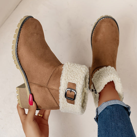 Bottines femme doublées imitation fourrure avec boucle décorative et semelle crantée à talon bloc