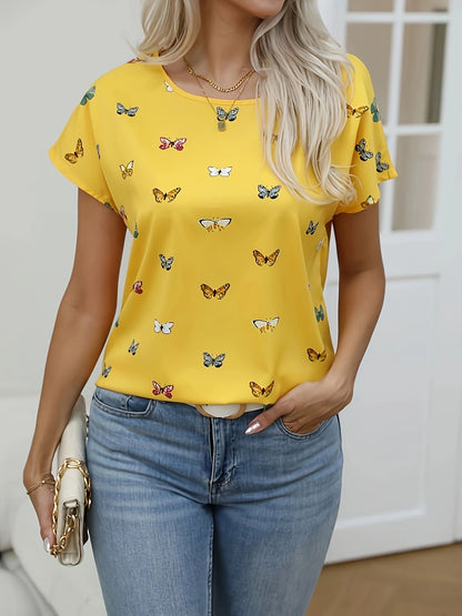 Avslappnad t-shirt med fjärilar för kvinnor – trendig sommarstil
