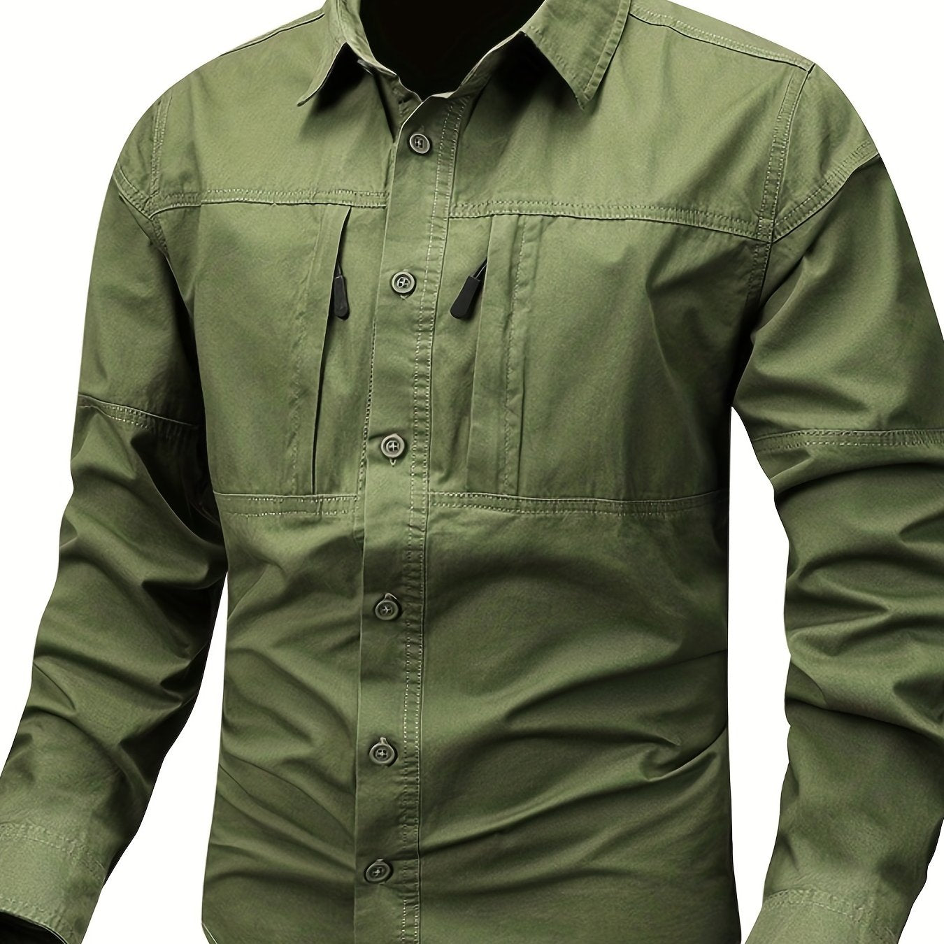 Chemise Homme Boutonnée Manches Longues à Poches Zippées Style Cargo Militaire
