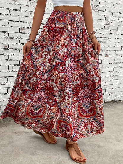 Elegant summer style women's long bohemian floral print skirt