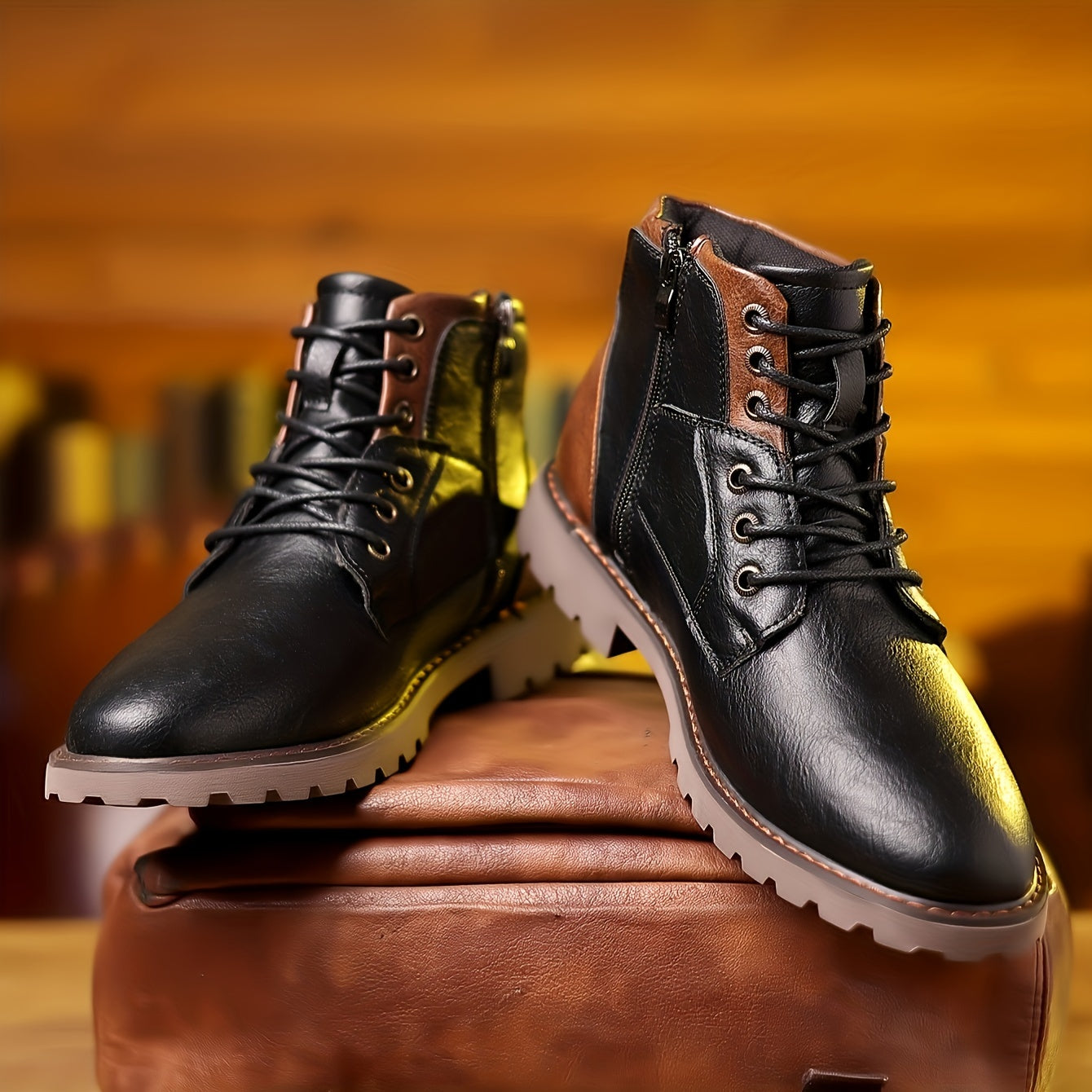 Bottes montantes homme marron lacées avec fermeture éclair latérale et semelle crantée