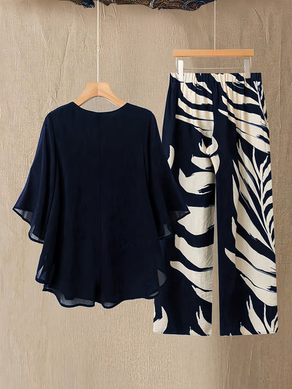Ensemble Femme Élégant Décontracté Deux Pièces – Haut Fluide et Pantalon Imprimé Feuilles, Style Vacances Chic