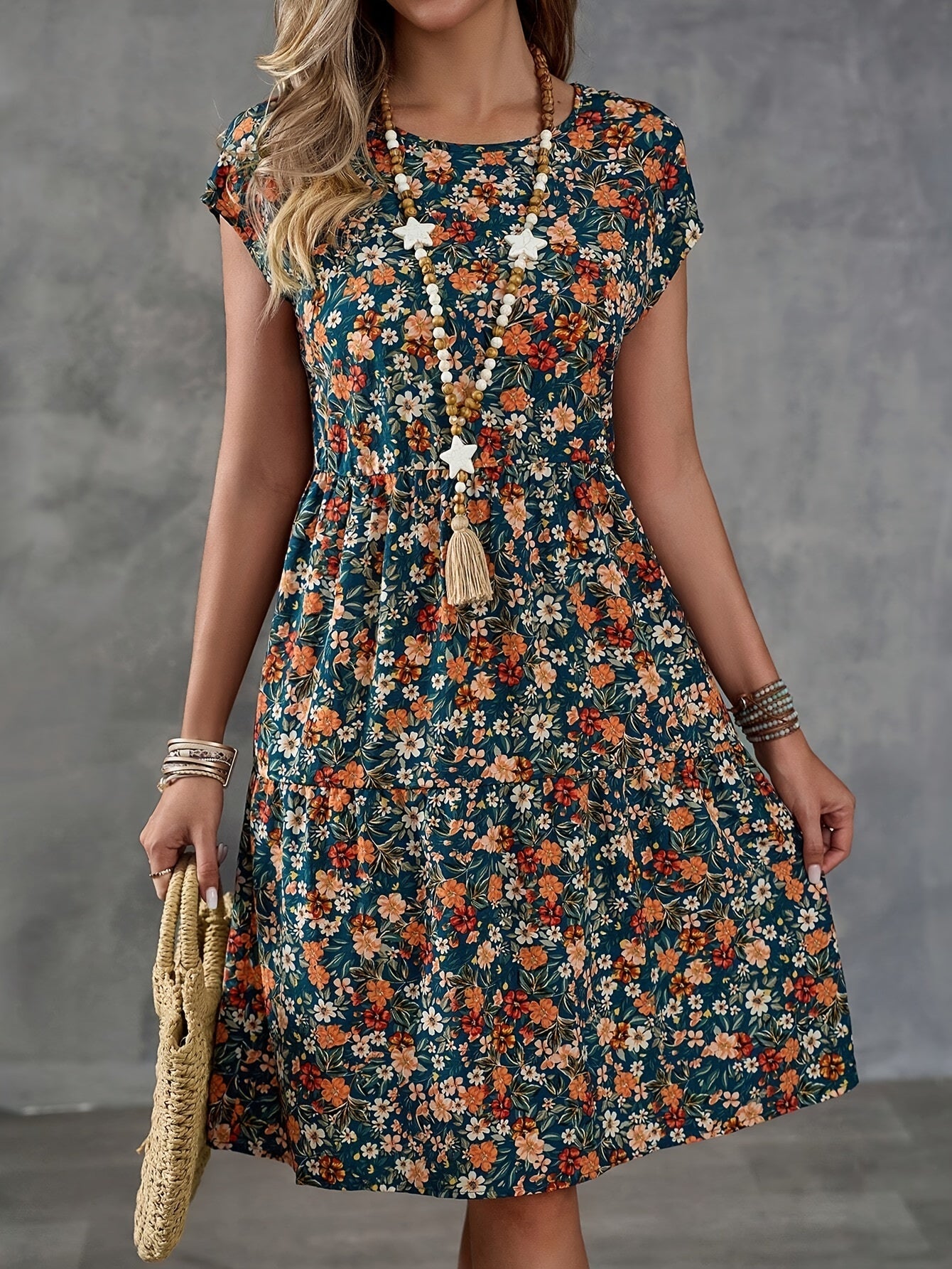 Abito floreale casual da donna stile vacanze con maniche corte
