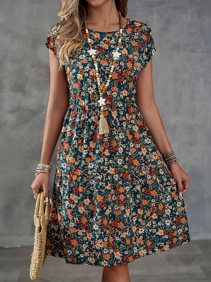 Abito floreale casual da donna stile vacanze con maniche corte