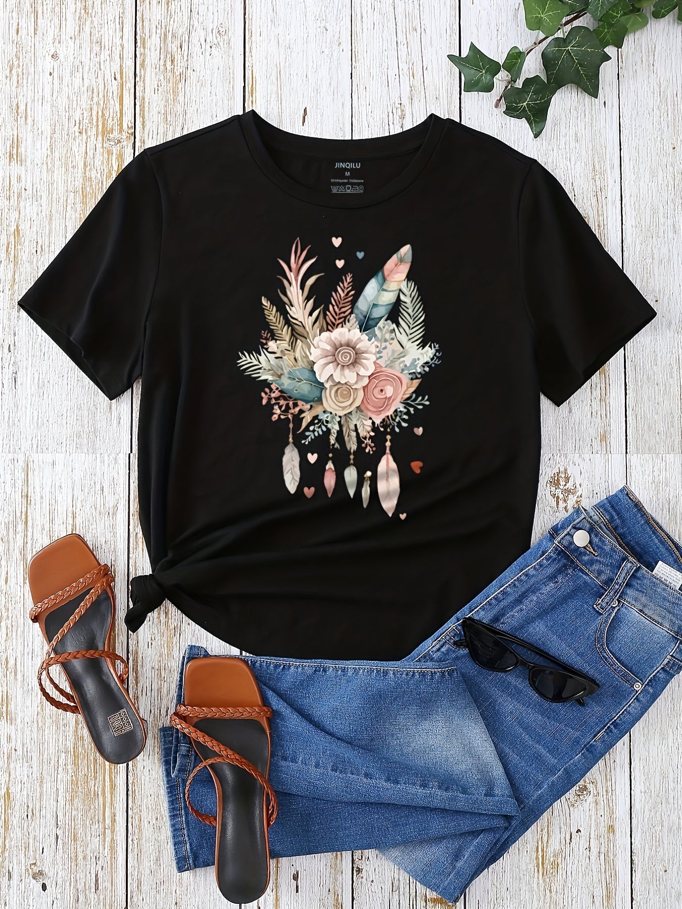 Dames T-shirt Boheemse Stijl Bloemen- en Veerprint, Casual Zomer