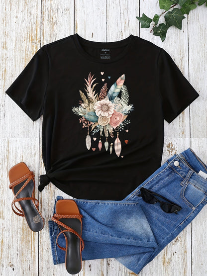 Dames T-shirt Boheemse Stijl Bloemen- en Veerprint, Casual Zomer