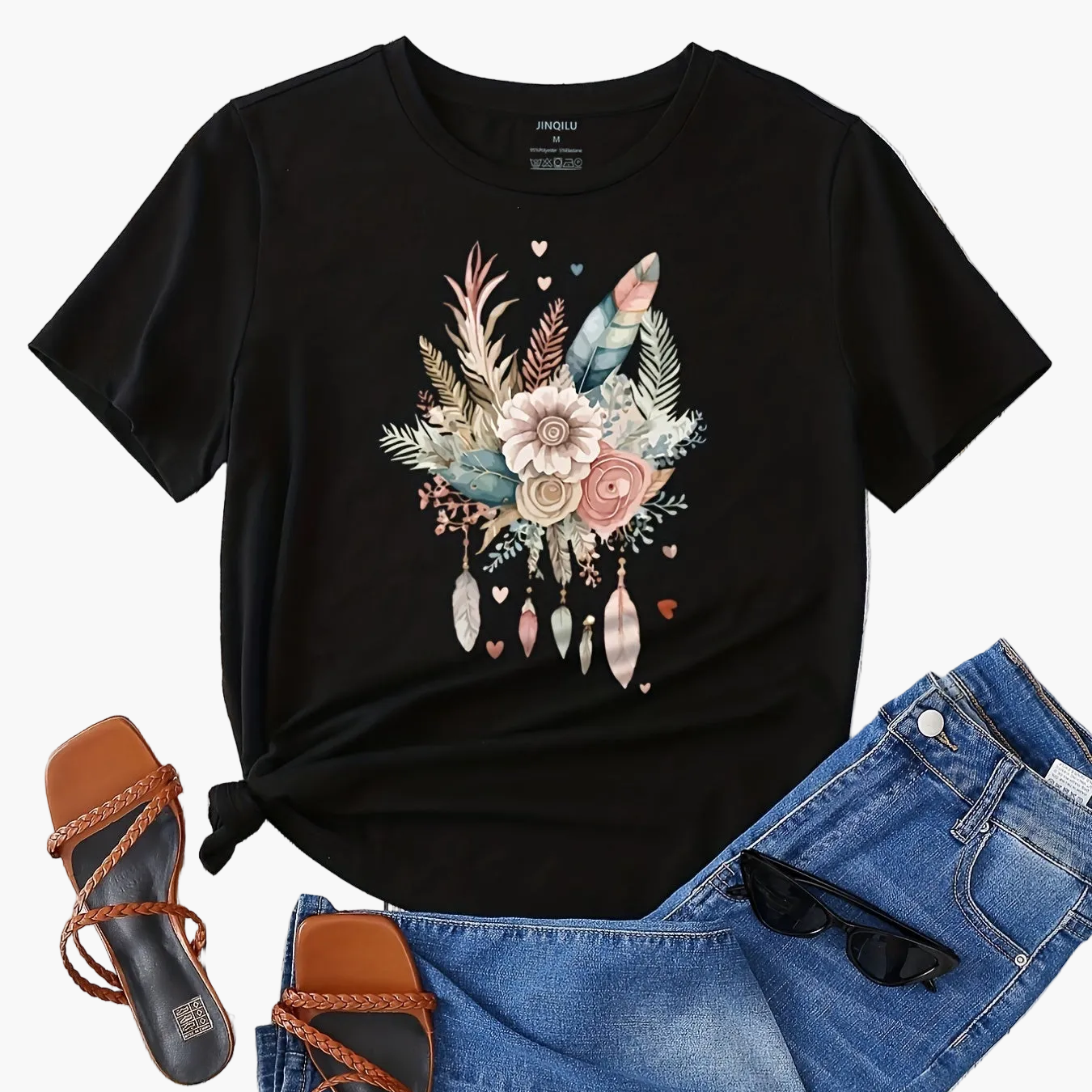 Dames T-shirt Boheemse Stijl Bloemen- en Veerprint, Casual Zomer